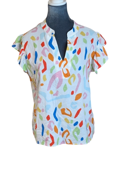 THML Tops - Anthropologie THML Abstract Cotton V-Neck Top with Flutter Sleeves Size Med